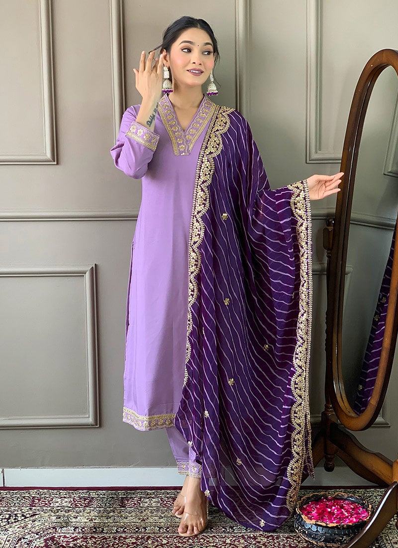 Lavender Viscose Silk Embroidered Sequins Classic Straight Pant Suit