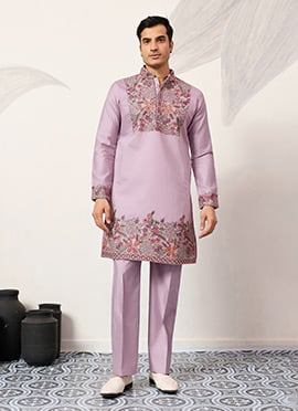 Lavender Viscose Silk Embroidered Sequins Kurta Pyjama For Men