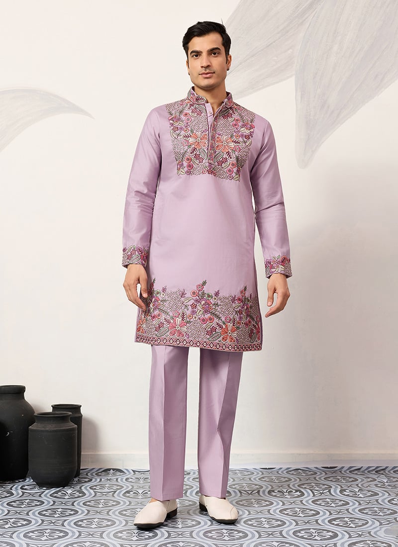 Lavender Viscose Silk Embroidered Sequins Kurta Pyjama For Men Festive Wear
