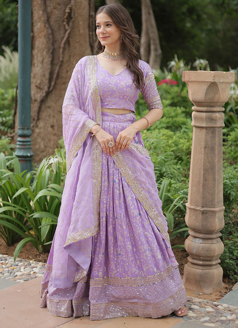 Lavender Viscose Silk Jacquard Embroidered Sequins Stunning Lehenga Festive Wear