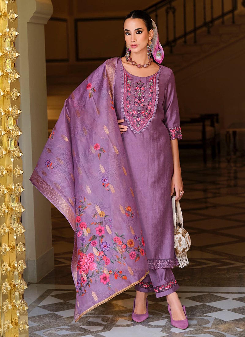 Lavender Viscose Straight Pant Suit With Embroidery And Digital Print After Six Wear