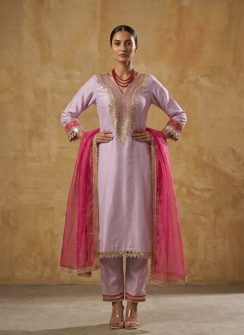 Lavender Zari Embroidered Satin Straight Pant Suit Festive Wear