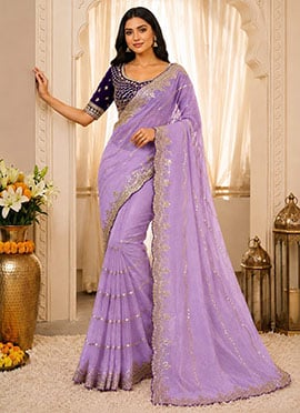 Lavender Zari Sequins Embroidered Silk Saree