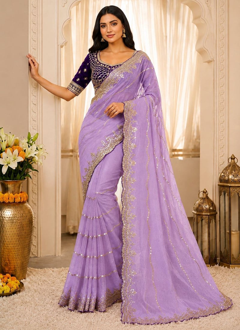Lavender Zari Sequins Embroidered Silk Saree Festive Wear