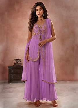 Lavender Zari Sequins Hand Embroidered Georgette Sharara Suit