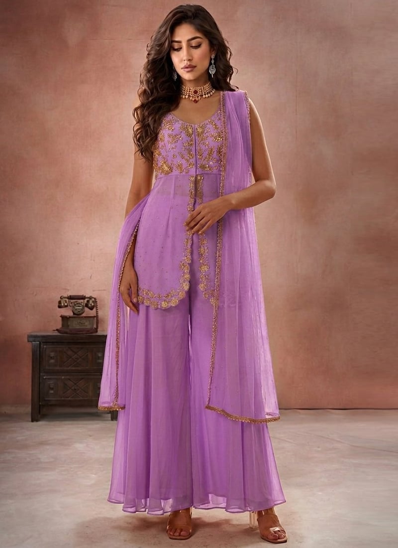 Lavender Zari Sequins Hand Embroidered Georgette Sharara Suit Festive Wear