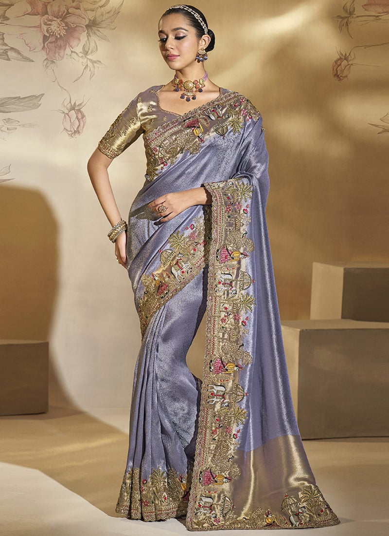 Lavender Ziraf Silk Zari Sequins Embroidered Beads Thread Cutdana Saree