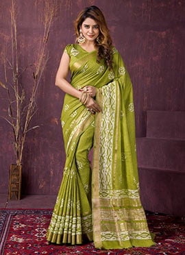 Lavish Pista Green Chanderi Silk Batik Print Saree