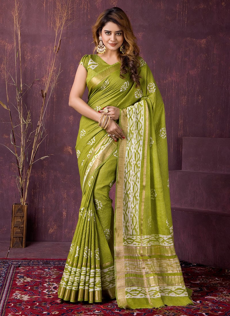 Lavish Pista Green Chanderi Silk Batik Print Saree After Six Wear