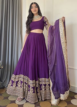 Lavish Purple Faux Georgette Zari Embroidered Sequins Umbrella Lehenga