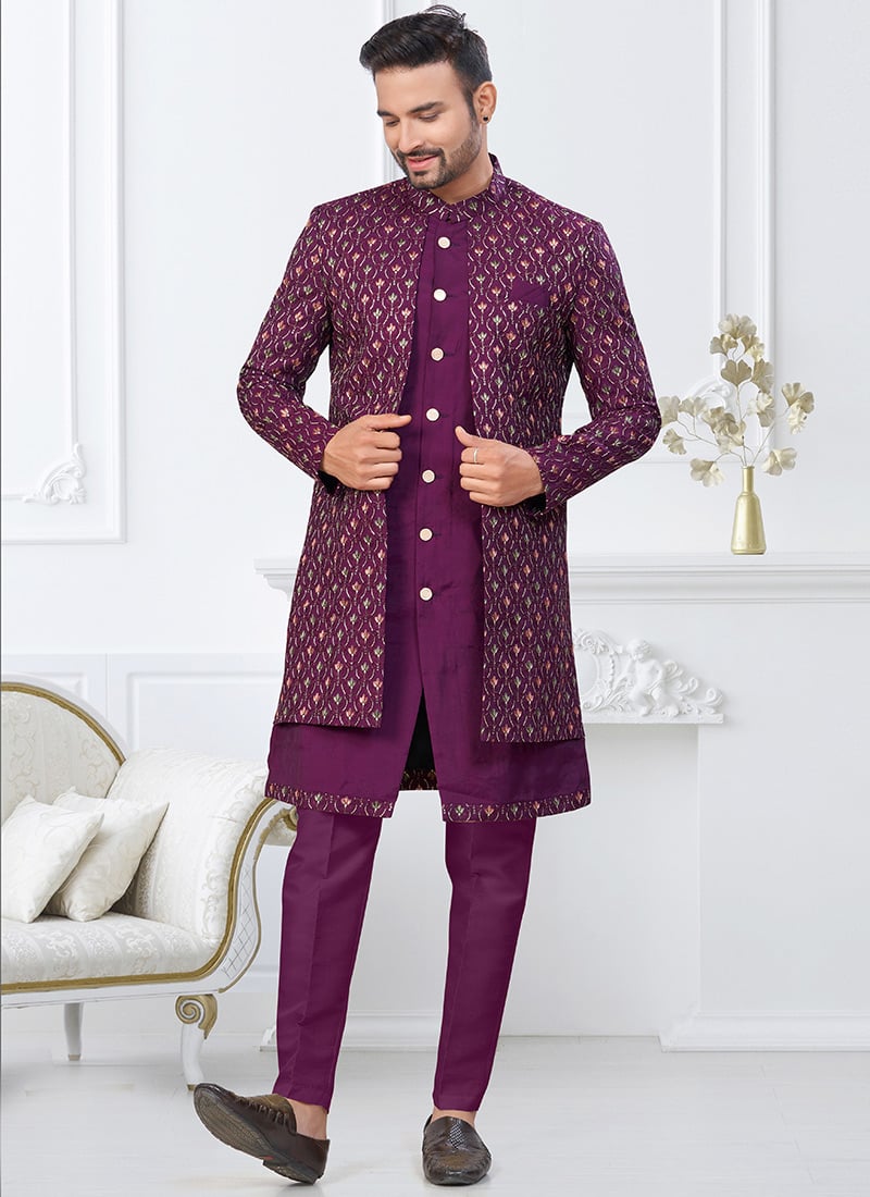 Lavish Purple Zari Jackard Malai Silk Stones Zari Indowestern Sherwani Wedding Wear