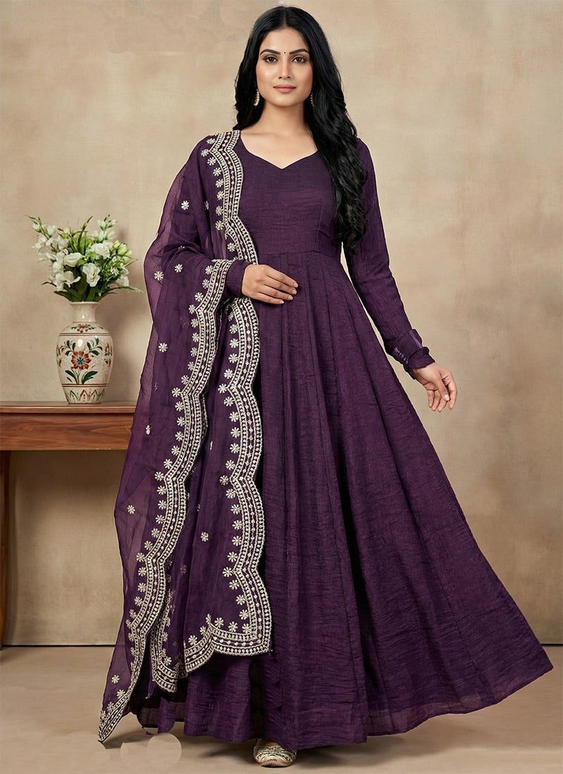 Lavish Wine Fendy Silk Embroidered Sequins Anarkali Suit Festive Wear