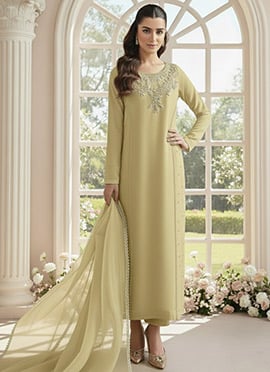Leek Green Georgette Zari Sequins Stone Straight Pant Suit