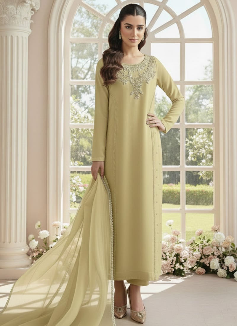 Leek Green Georgette Zari Sequins Stone Straight Pant Suit Festive Wear