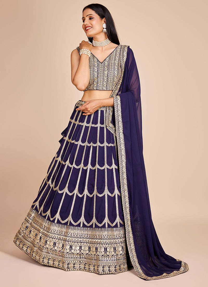 Lehenga With Choli And Dupatta In Navy Blue Georgette Embroidered Sequins Party Wear