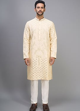Lemon Cream Silk Embroidered Mirror Work Kurta Pyjama