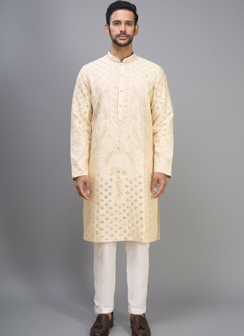 Lemon Cream Silk Embroidered Mirror Work Kurta Pyjama Festive Wear