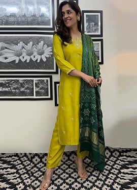 Lemon Green Chanderi Silk Embroidered Straight Pant Suit