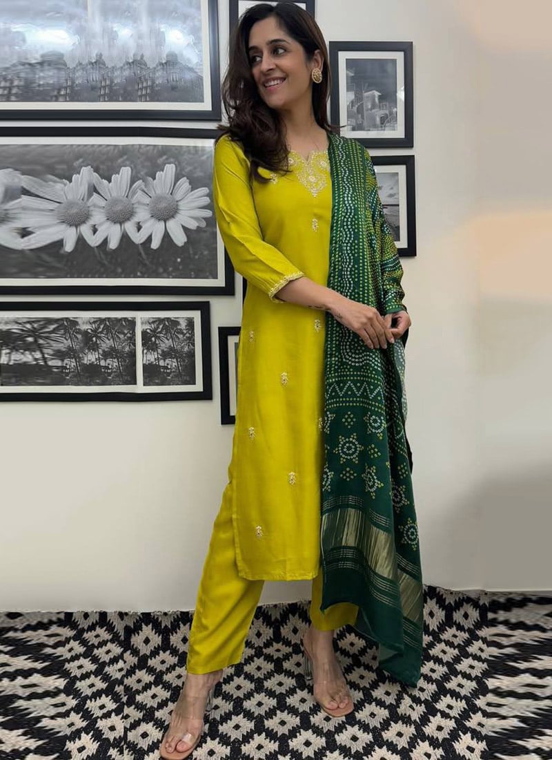Lemon Green Chanderi Silk Embroidered Straight Pant Suit  After Six Wear