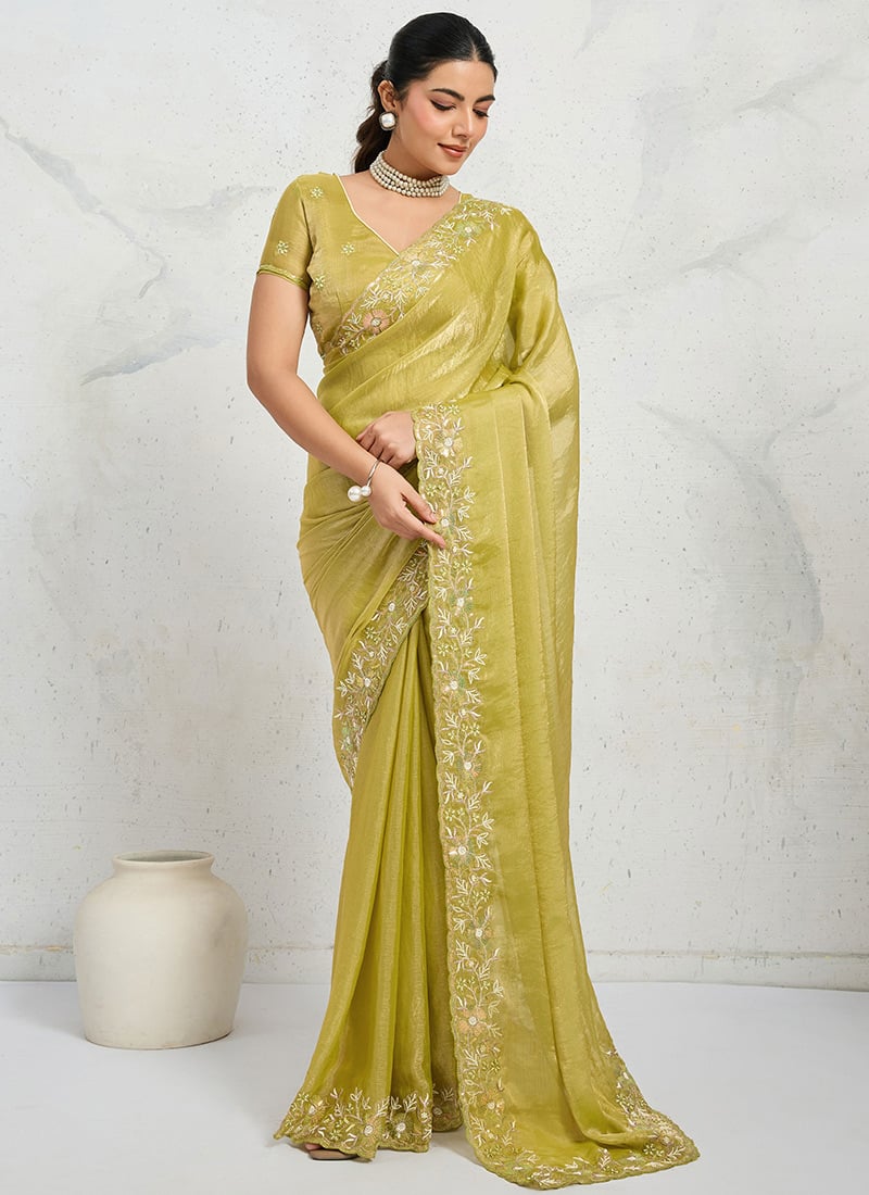 Lemon Green Chiffon Velvet Zari Embroidered Sequins Thread Saree Festive Wear