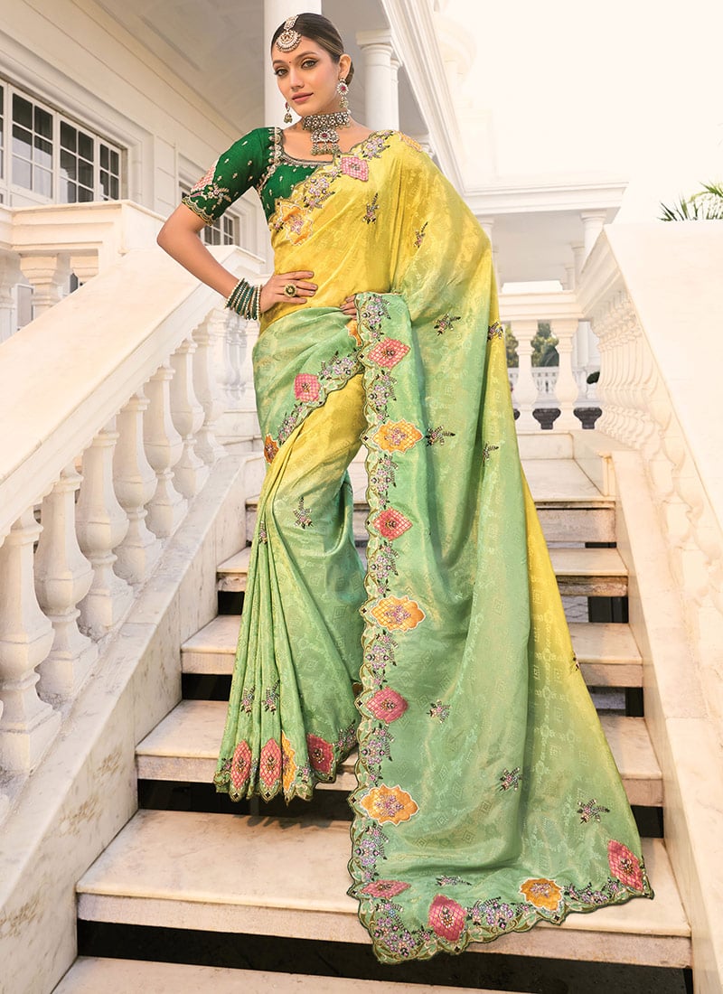 Lemon Green Crepe Jacquard Zari Beads Sequins Zarkan Stones Cutdana Saree Wedding Wear