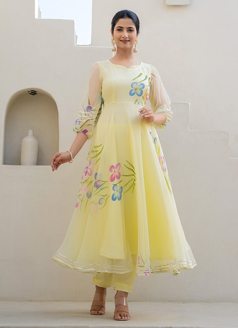 Lemon Green Faux Georgette Digital Print Anarkali Suit