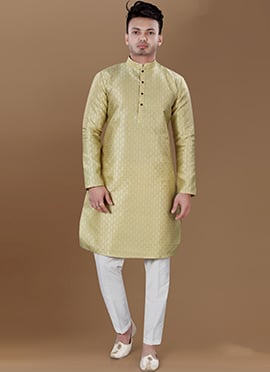 Lemon Green Jacquard Silk Kurta Pyjama