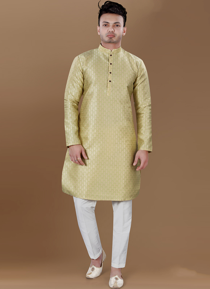Lemon Green Jacquard Silk Kurta Pyjama