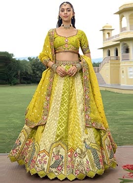 Lemon Green Silk Zari Embroidered Sequins With Stone Work Lehenga