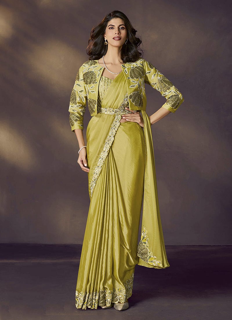 Lemon Green Soft Satin Silk Hand Embroidered Jacket Style Pre Draped Saree Wedding Wear