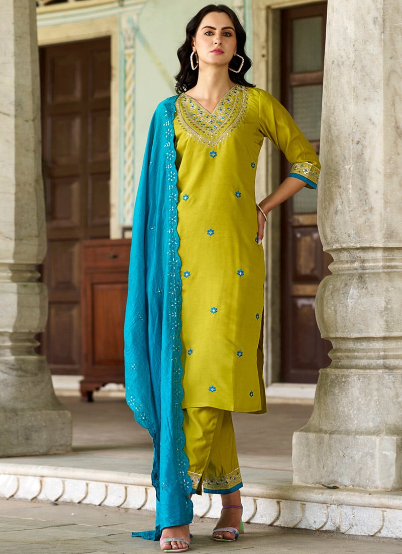 Lemon Green Viscose Chanderi Embroidered Straight Pant Suit Festive Wear