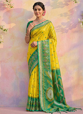 Lemon Soft Silk Ikkat Print Saree