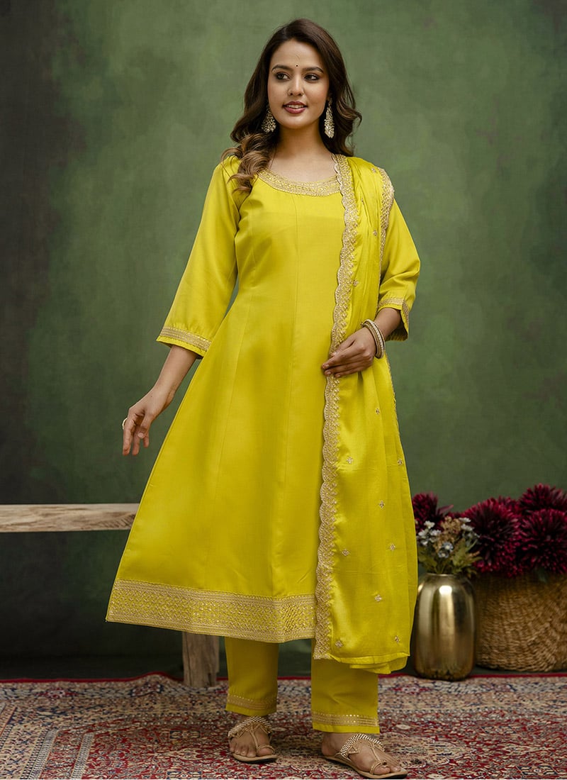 Lemon Viscose Rayon Embroidered Straight Pant Suit Festive Wear