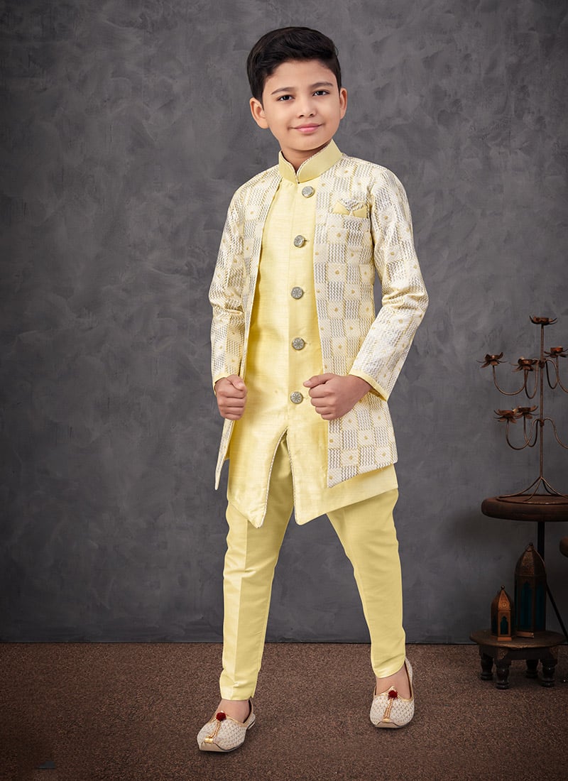 Lemon Yellow Banarasi Silk Embroidered Sequins Boys Indowestern Sherwani  Wedding Wear