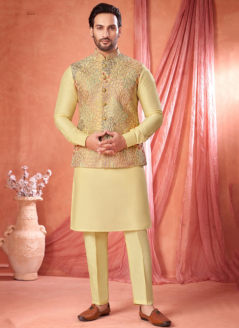 Lemon Yellow Banarasi Silk Embroidered Sequins Thread Bandi Set Festive Wear