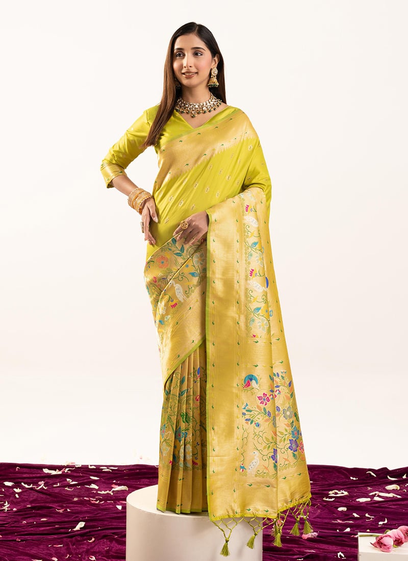 Lemon Yellow Banarasi Silk Zari Jacquard Meenakari Woven Saree Festive Wear