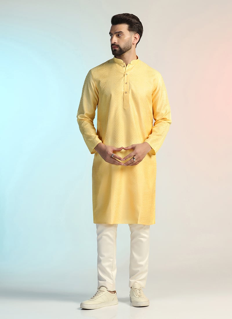 Lemon Yellow Banglory Silk Embroidered Kurta Pyjama Festive Wear