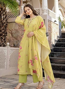 Lemon Yellow Chanderi Butti Digital Print Straight Pant Suit
