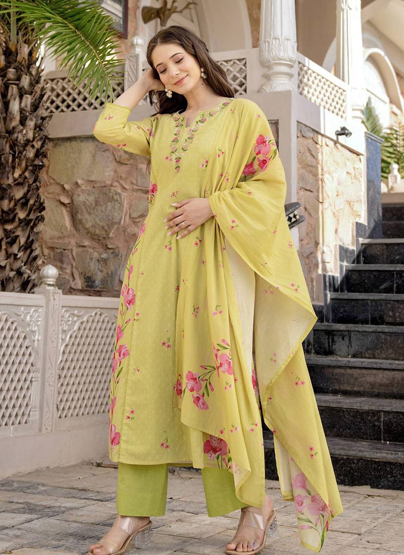 Lemon Yellow Chanderi Butti Digital Print Straight Pant Suit After Six Wear