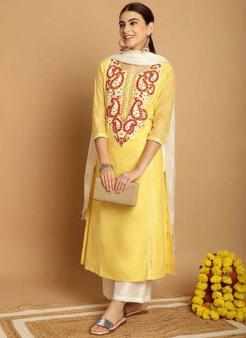 Lemon Yellow Chanderi Embroidered Palazzo Suit After Six Wear