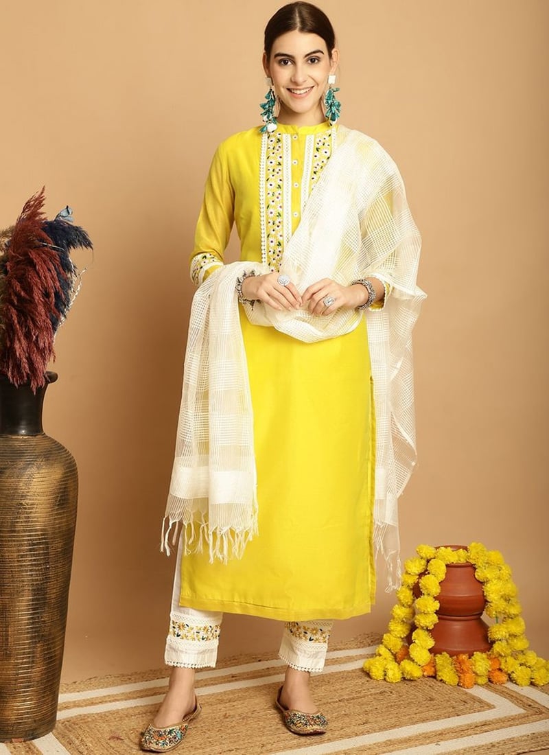Lemon Yellow Chanderi Embroidered Straight Pant Suit After Six Wear