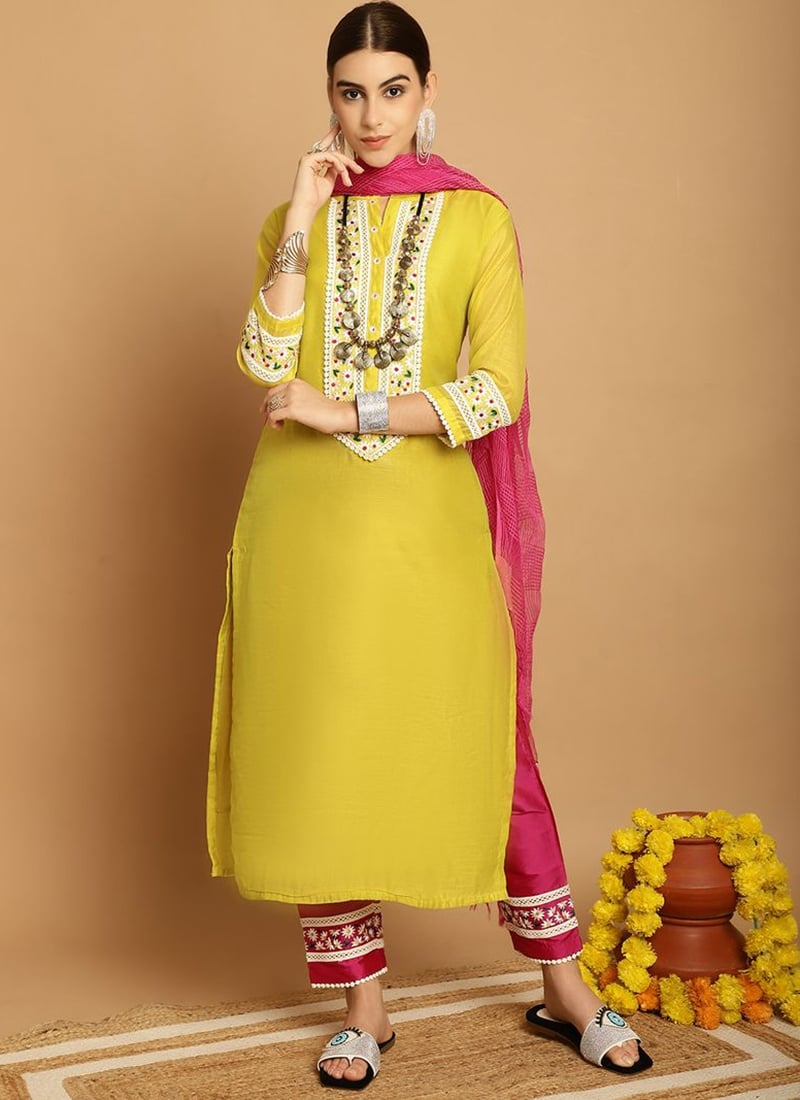 Lemon Yellow Chanderi Embroidered Straight Pant Suit After Six Wear