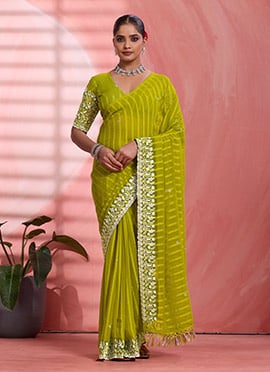 Lemon Yellow Chiffon Embroidered Tikki Work Thread Saree
