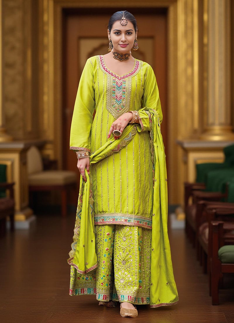 Lemon Yellow Chinon Embroidered Sequins Pakistani Suit Festive Wear