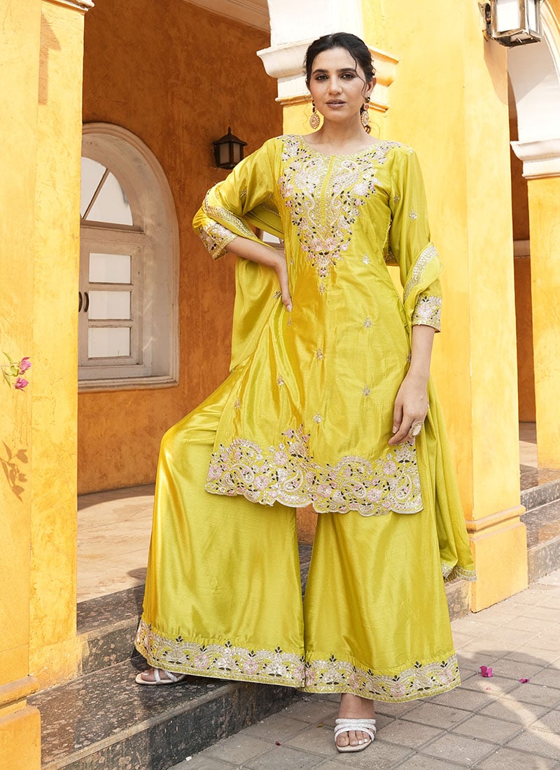 Lemon Yellow Chinon Embroidered Sequins Palazzo Suit Festive Wear