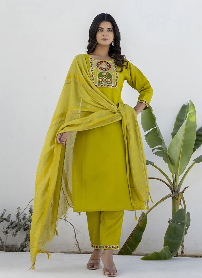 Lemon Yellow Cotton Blend Straight Pant Suit With Embroidery