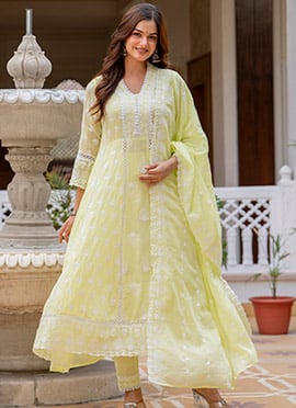 Lemon Yellow Cotton Lucknowi Chikankari Anarkali Suit