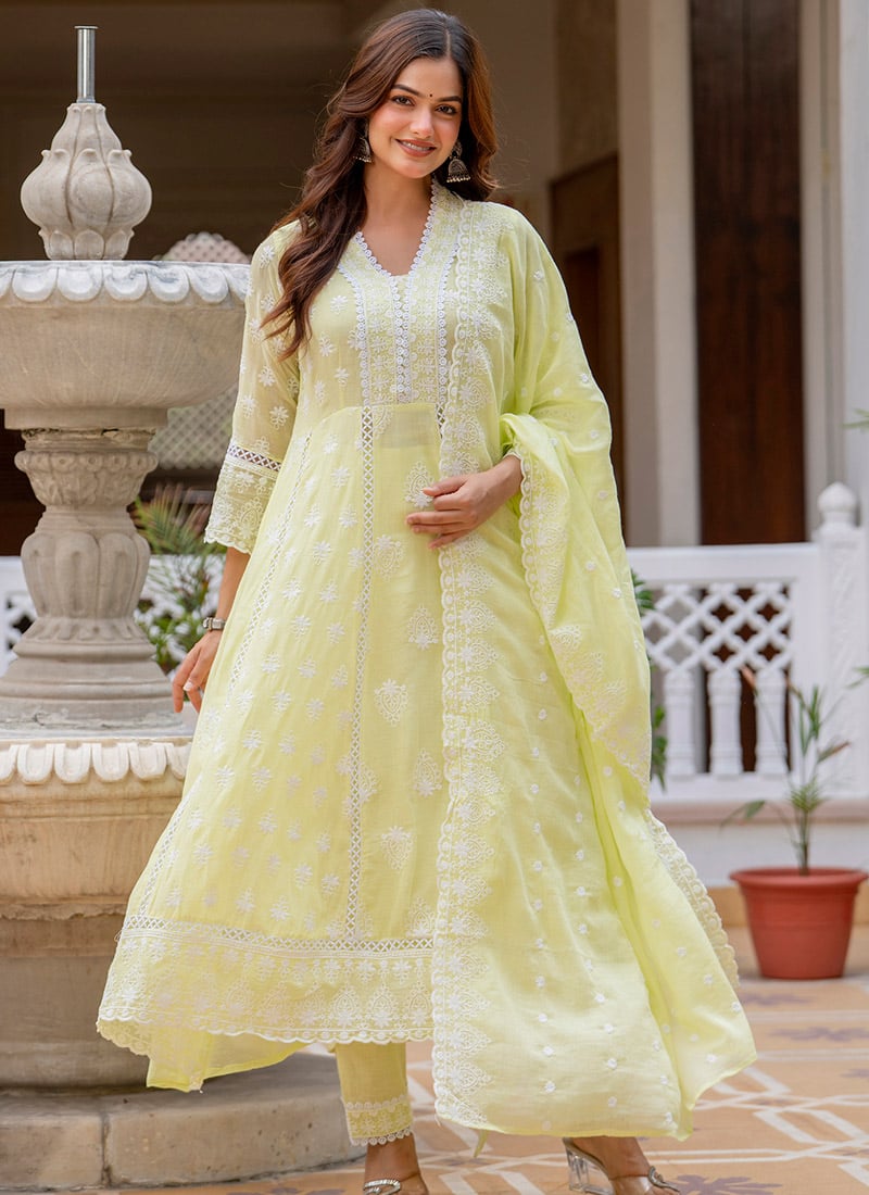 Lemon Yellow Cotton Lucknowi Chikankari Anarkali Suit After Six Wear