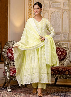Lemon Yellow Cotton Lucknowi Chikankari Embroidered Anarkali Suit