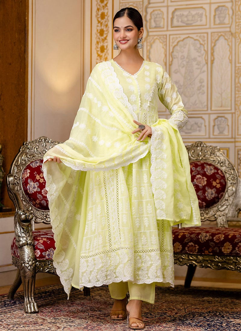 Lemon Yellow Cotton Lucknowi Chikankari Embroidered Anarkali Suit After Six Wear